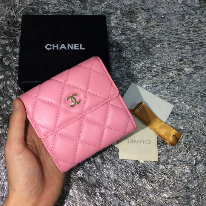 2015 Chanel Matelasse Tri-Fold Wallet Original Sheepskin Leather A48980 Pink