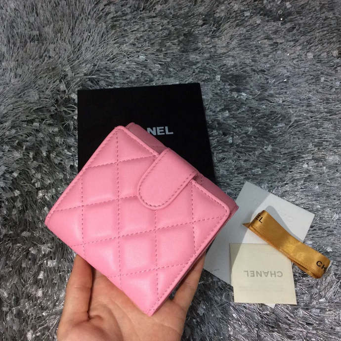 2015 Chanel Matelasse Tri-Fold Wallet Original Sheepskin Leather A48980 Pink