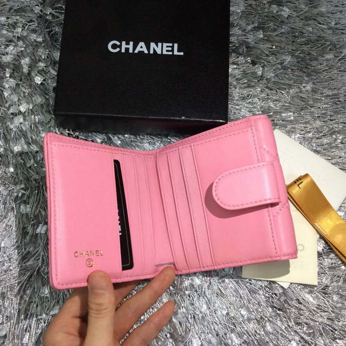 2015 Chanel Matelasse Tri-Fold Wallet Original Sheepskin Leather A48980 Pink