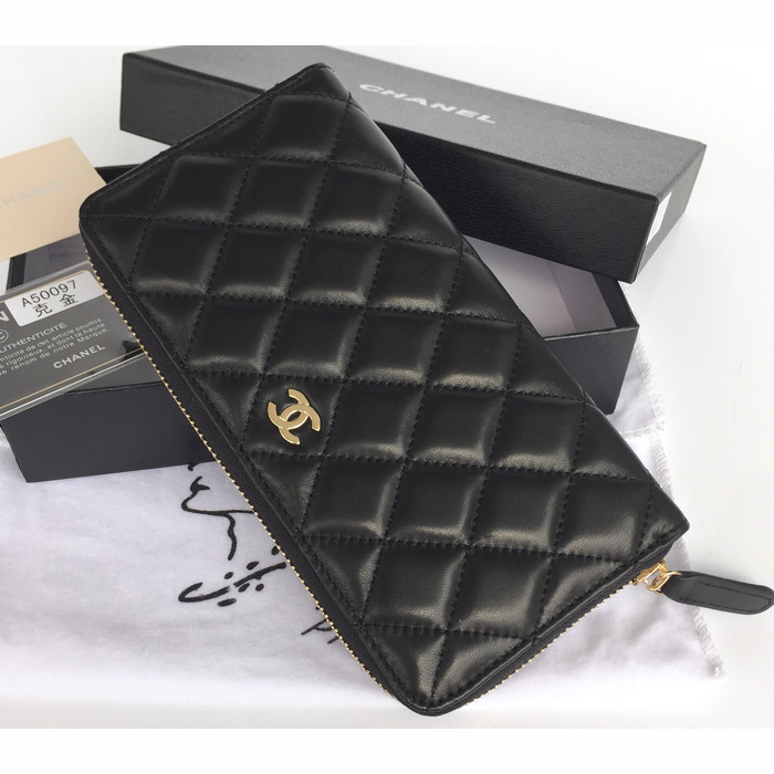 2015 Chanel Matelasse Zip Around Wallet Black Original Sheepskin A50097 Gold