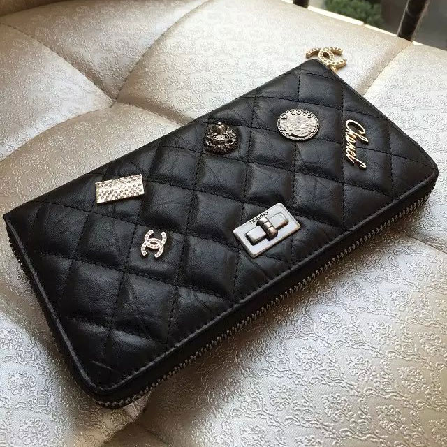 2015 Chanel Matelasse Zip Around Wallet Original Leather A80445 Black