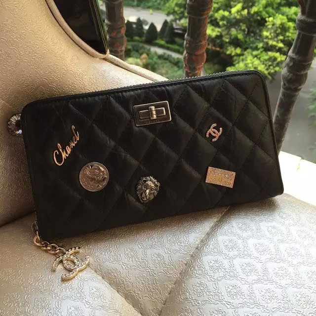 2015 Chanel Matelasse Zip Around Wallet Original Leather A80445 Black