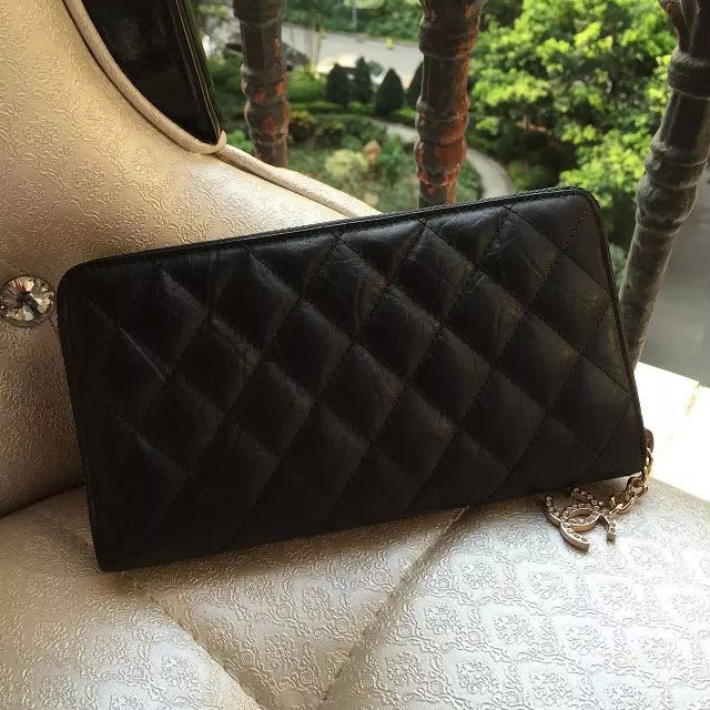 2015 Chanel Matelasse Zip Around Wallet Original Leather A80445 Black