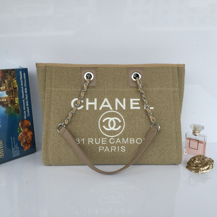 2015 Chanel Medium Canvas Tote Shopper Bag A68045 Apricot