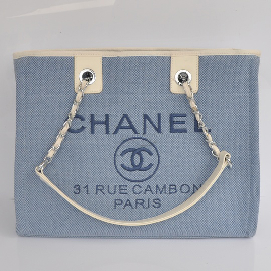 2015 Chanel Medium Canvas Tote Shopper Bag A68045 Light Blue