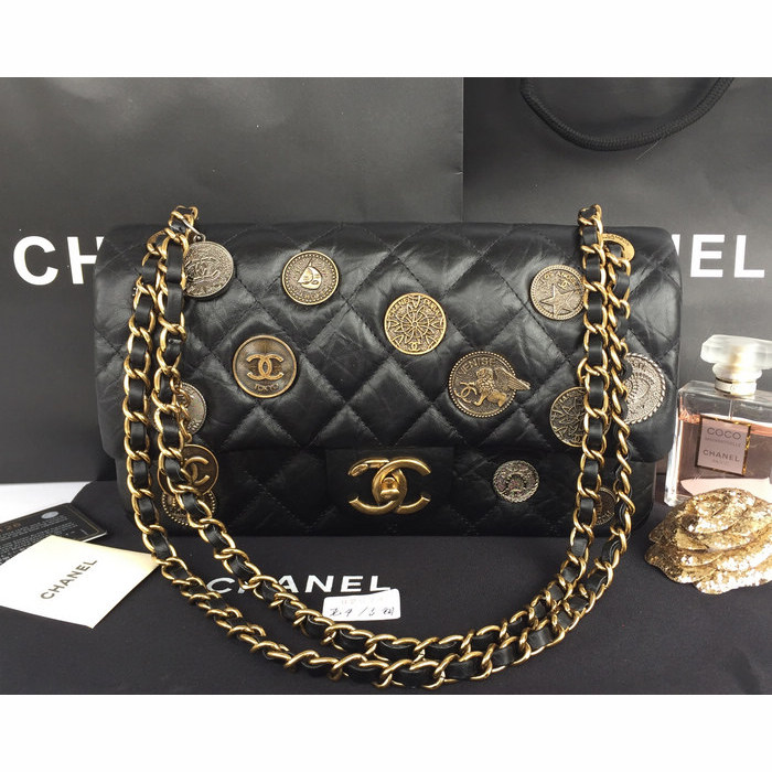 2015 Chanel Opper Coin Bag Calfskin Leather A92674 Black