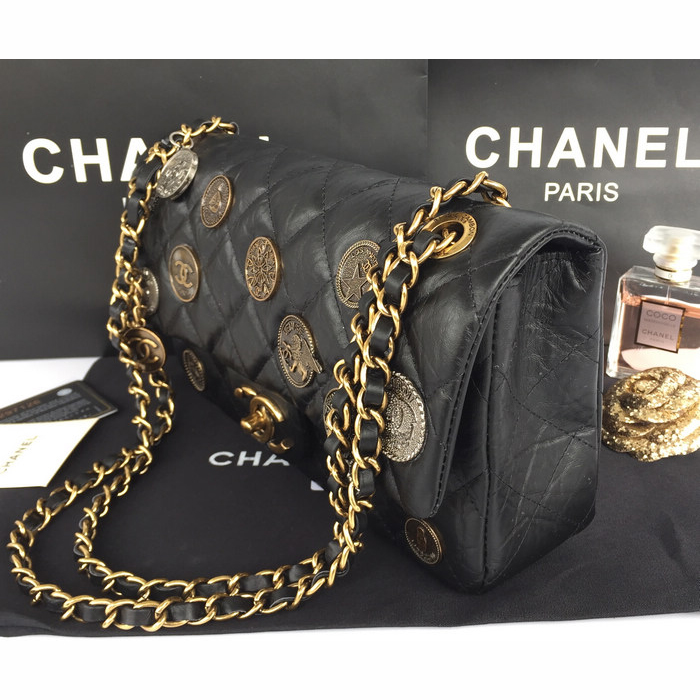 2015 Chanel Opper Coin Bag Calfskin Leather A92674 Black