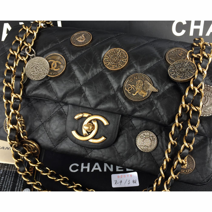 2015 Chanel Opper Coin Bag Calfskin Leather A92674 Black