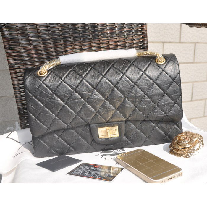 2015 Chanel Original Glazed Crackled Leather Classic Flap Bag A30227 Black