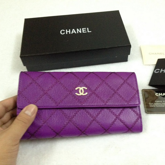 2015 Chanel Original Leather Bi-Fold Wallet A9556 Purple