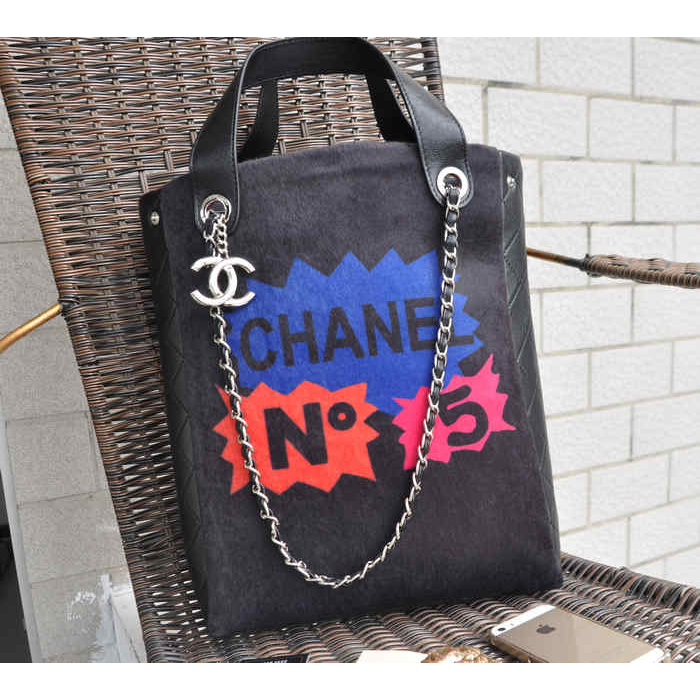 2015 Chanel Patchwork Shearling Large Shopping Bag A92594 Black