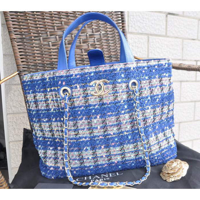 2015 Chanel Shopper Bag Fabric & Leather A68027 Blue