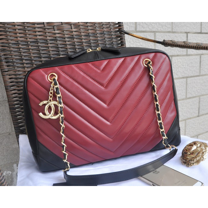 2015 Chanel Shopper Bag Sheepskin Leather A90688 Red&Black