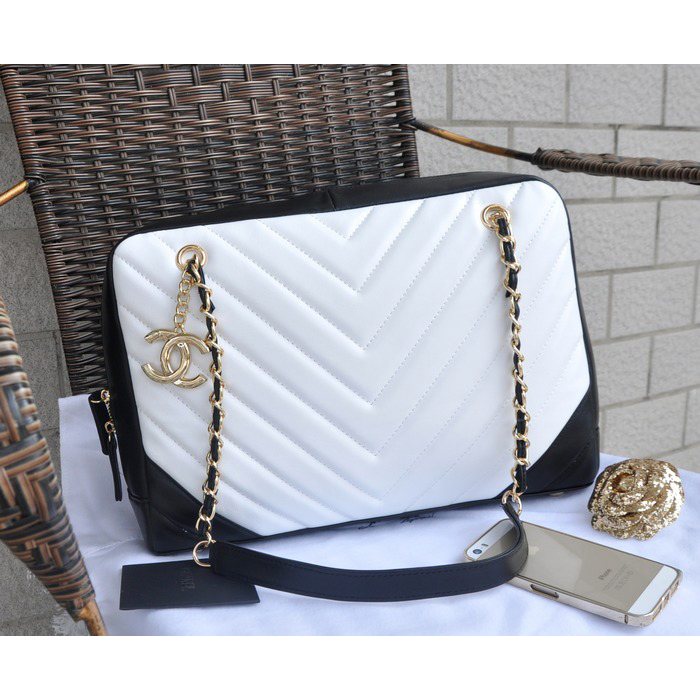 2015 Chanel Shopper Bag Sheepskin Leather A90688 White&Black