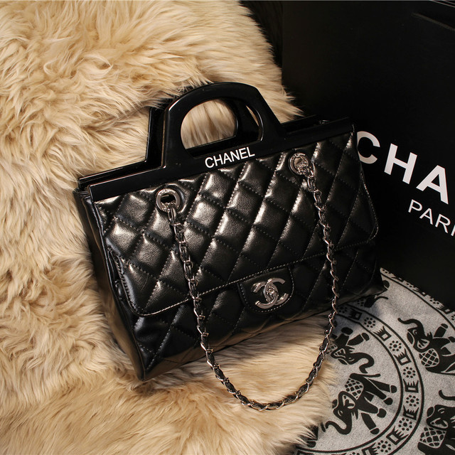 2015 Chanel Shopping Bag Iridescent Leather Rigid Handles A68051 Black