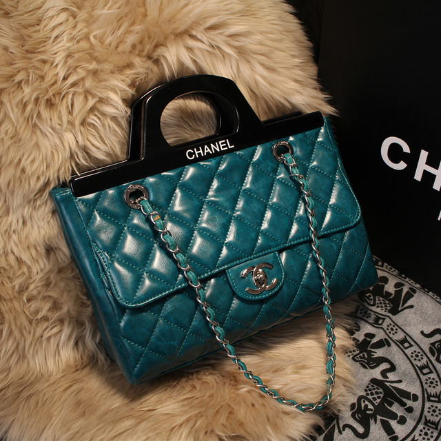 2015 Chanel Shopping Bag Iridescent Leather Rigid Handles A68051 Green