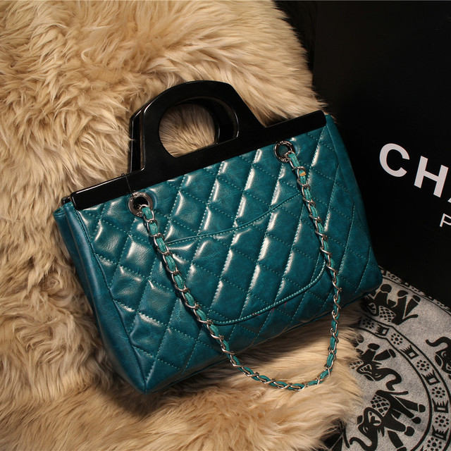 2015 Chanel Shopping Bag Iridescent Leather Rigid Handles A68051 Green