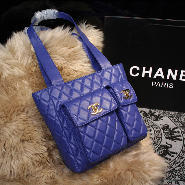 2015 Chanel Shoulder Tote Bag Sheepskin Leather A68032 Blue