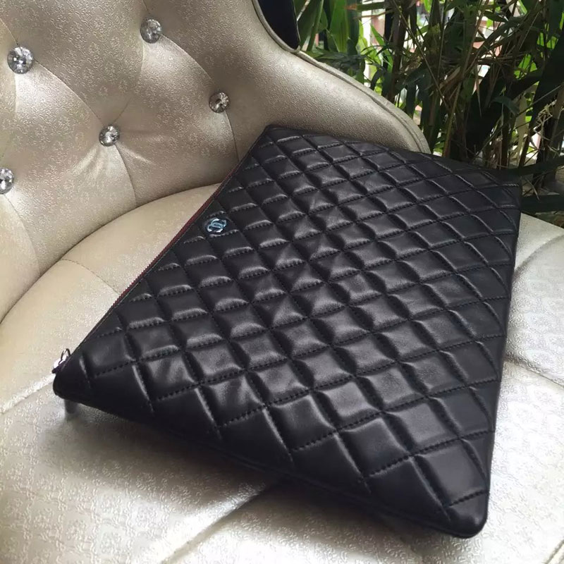 2015 Chanel clutch Bag Original Sheepskin Leather A82090 Black with Silver