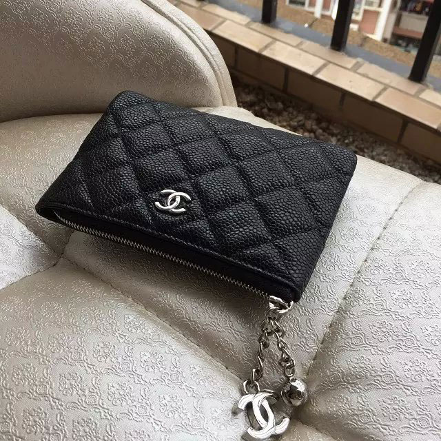 2015 Chanel coin purse Original Caviar Leather A31514 Black with Silver