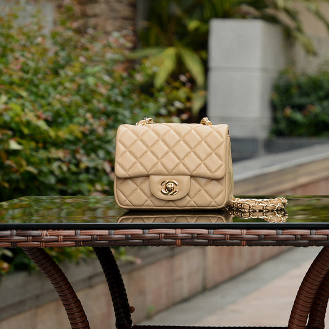 2015 Chanel mini Classic Flap Bag Apricot Sheepskin leather A37585 Gold