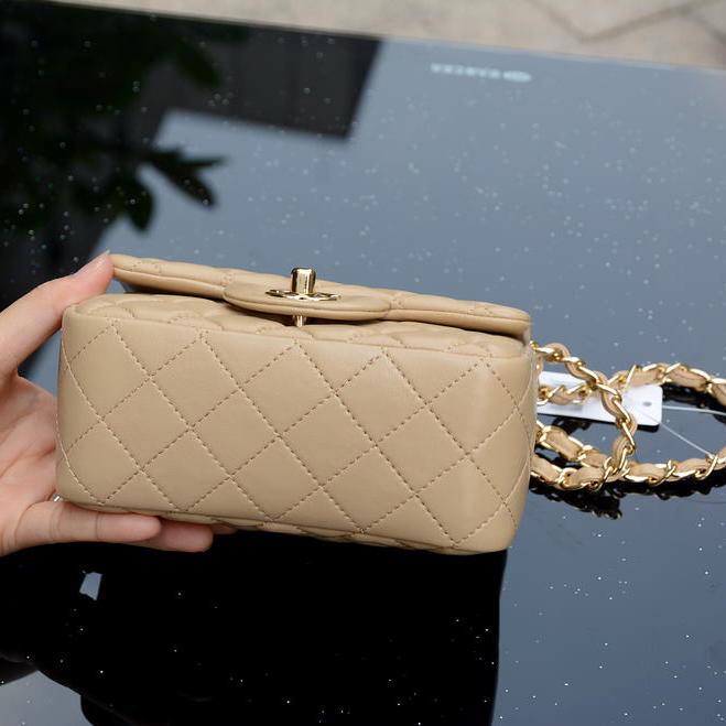 2015 Chanel mini Classic Flap Bag Apricot Sheepskin leather A37585 Gold