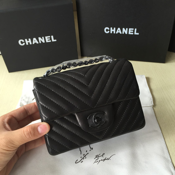 2015 Chanel mini Classic Flap Bag Black Original Sheekskin leather A1115