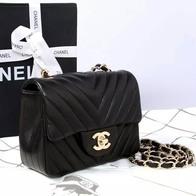 2015 Chanel mini Classic Flap Bag Black Original Sheekskin leather A1115 Gold