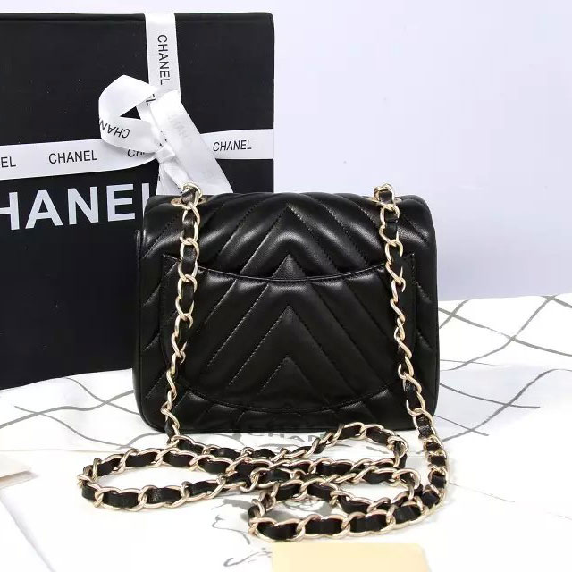 2015 Chanel mini Classic Flap Bag Black Original Sheekskin leather A1115 Gold