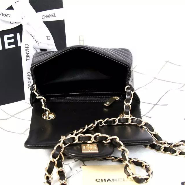 2015 Chanel mini Classic Flap Bag Black Original Sheekskin leather A1115 Gold