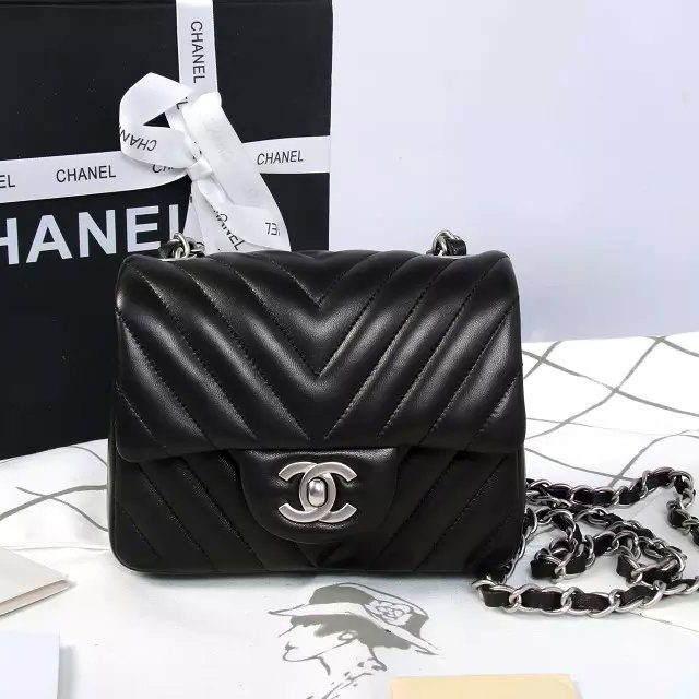 2015 Chanel mini Classic Flap Bag Black Original Sheekskin leather A1115 Silver