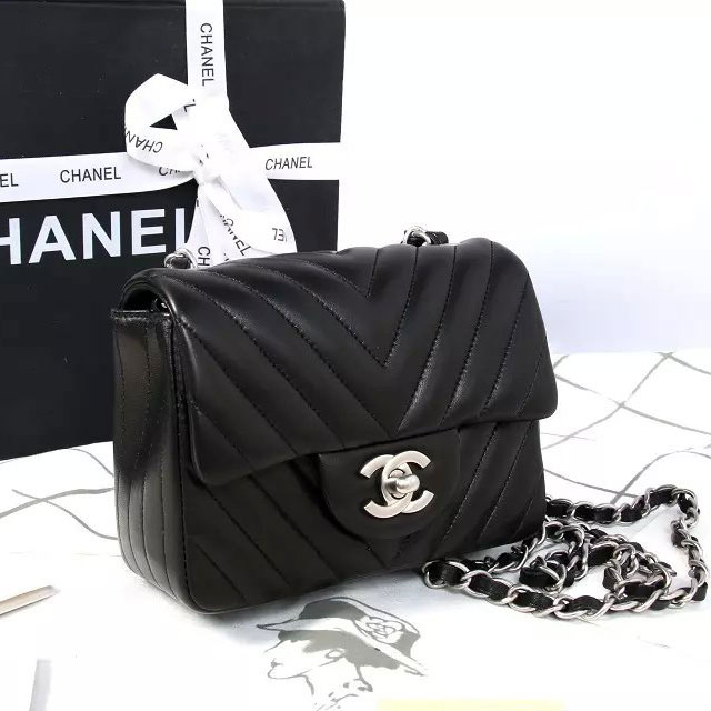 2015 Chanel mini Classic Flap Bag Black Original Sheekskin leather A1115 Silver