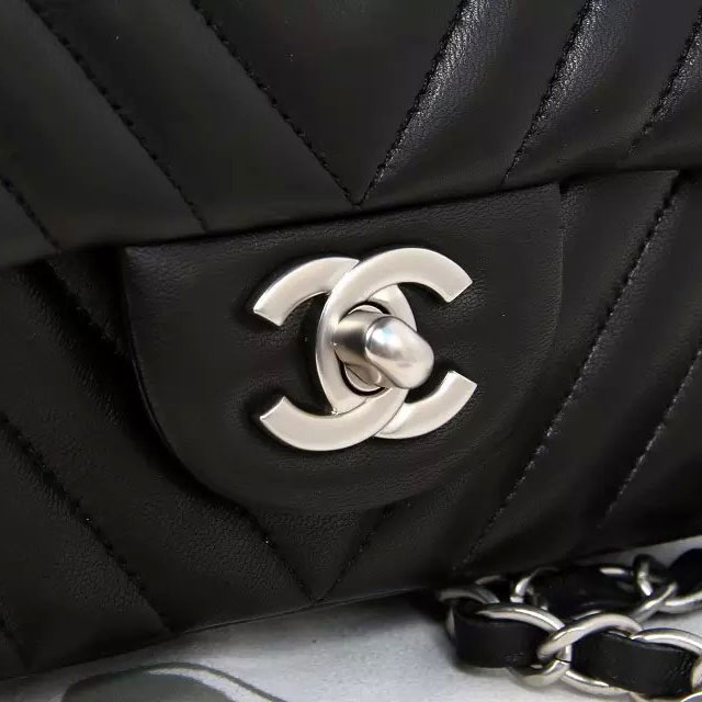 2015 Chanel mini Classic Flap Bag Black Original Sheekskin leather A1115 Silver