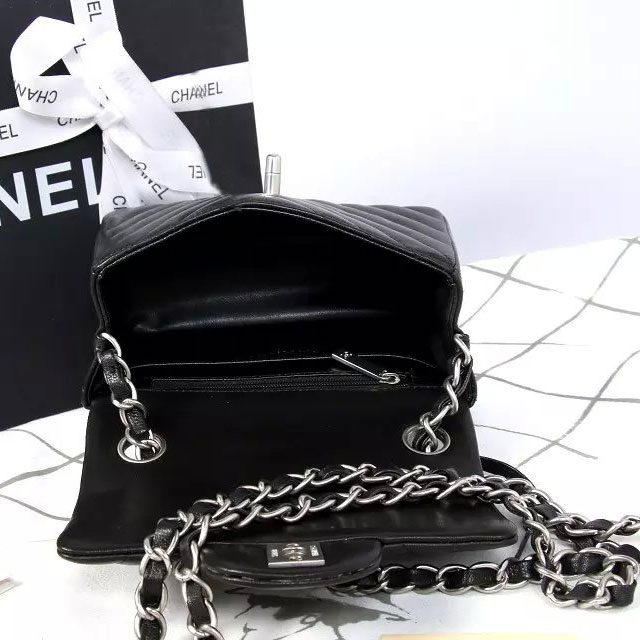 2015 Chanel mini Classic Flap Bag Black Original Sheekskin leather A1115 Silver