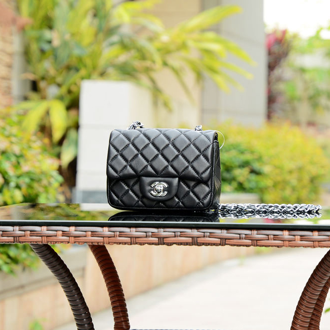 2015 Chanel mini Classic Flap Bag Black Sheepskin leather A37585 Silver