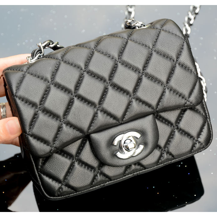 2015 Chanel mini Classic Flap Bag Black Sheepskin leather A37585 Silver