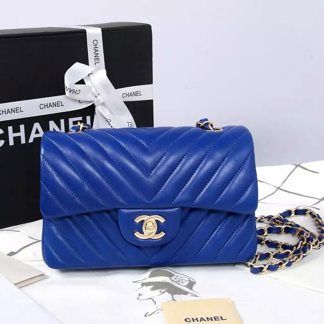 2015 Chanel mini Classic Flap Bag Blue Original Sheekskin A1116 Gold