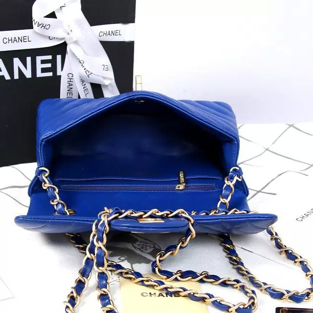 2015 Chanel mini Classic Flap Bag Blue Original Sheekskin A1116 Gold