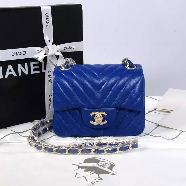 2015 Chanel mini Classic Flap Bag Blue Original Sheekskin leather A1115 Gold