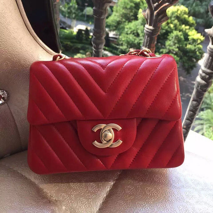 2015 Chanel mini Classic Flap Bag Red Original Sheekskin leather A1115 Gold