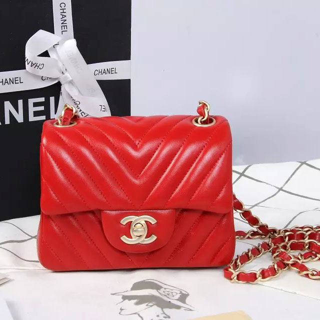 2015 Chanel mini Classic Flap Bag Red Original Sheekskin leather A1115 Gold