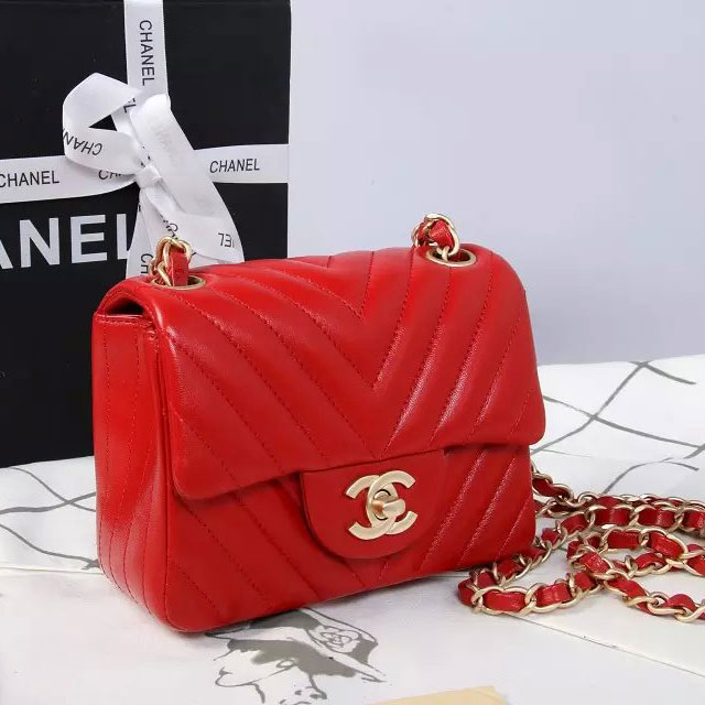 2015 Chanel mini Classic Flap Bag Red Original Sheekskin leather A1115 Gold