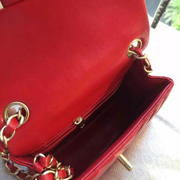 2015 Chanel mini Classic Flap Bag Red Original Sheekskin leather A1115 Gold