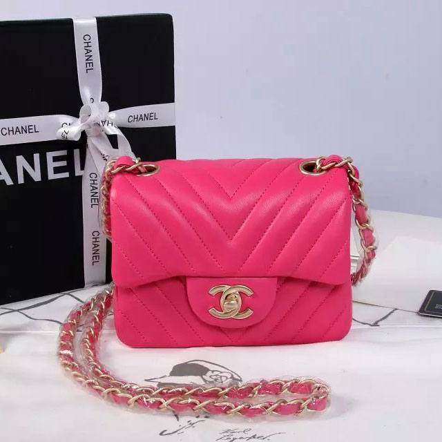 2015 Chanel mini Classic Flap Bag Rose Original Sheekskin leather A1115 Gold