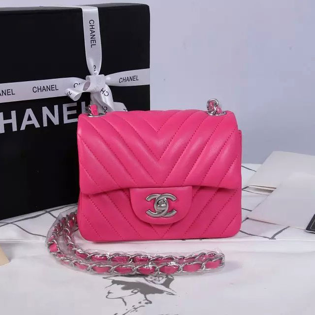 2015 Chanel mini Classic Flap Bag Rose Original Sheekskin leather A1115 Silver