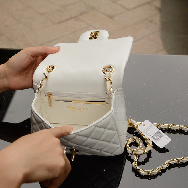 2015 Chanel mini Classic Flap Bag White Sheepskin leather A37585 Gold