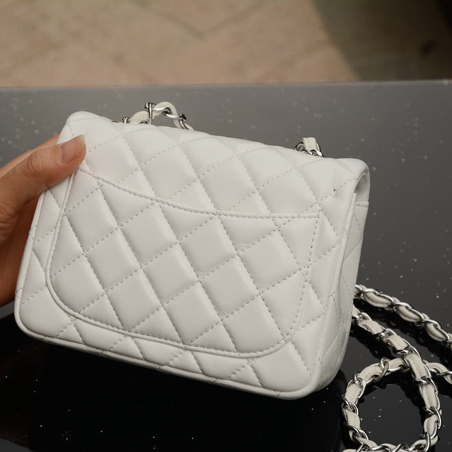 2015 Chanel mini Classic Flap Bag White Sheepskin leather A37585 Silver