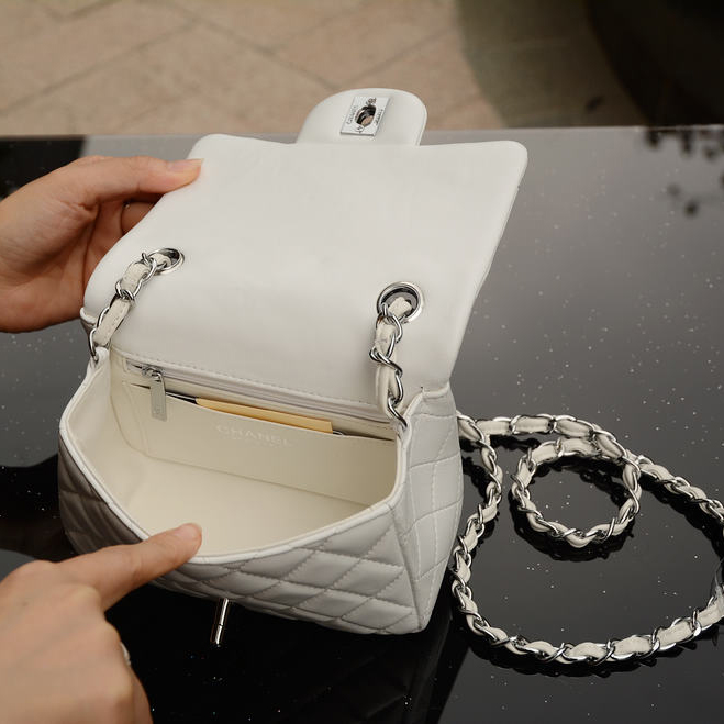 2015 Chanel mini Classic Flap Bag White Sheepskin leather A37585 Silver