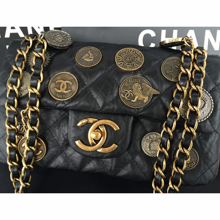 2015 Chanel mini Opper Coin Bag Calfskin Leather A92675 Black