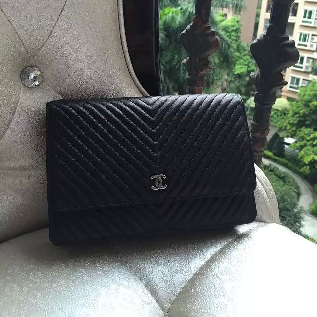 2015 Chanel woc A47421 Black Lambskin Original Leather mini Flap Bag